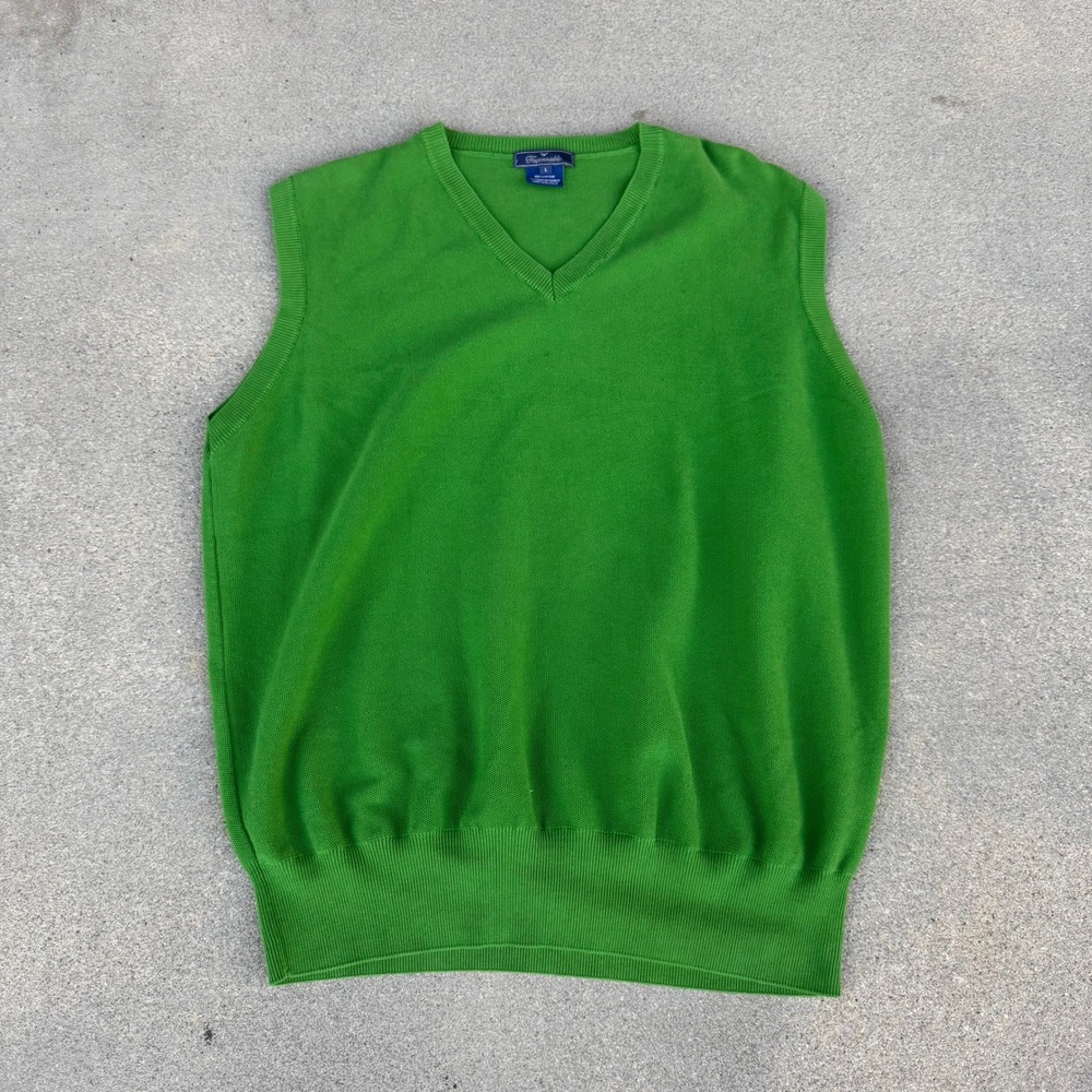 Faconnable Green Cotton Knit V-Neck Sweater Vest Made in Italy Women Large